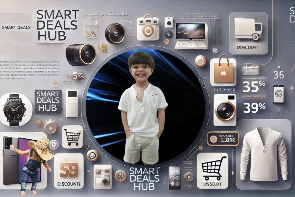 Banner showcasing exclusive deals and discounts from Smart Deals Hub with a grid of product icons like electronics, fashion, and home goods.