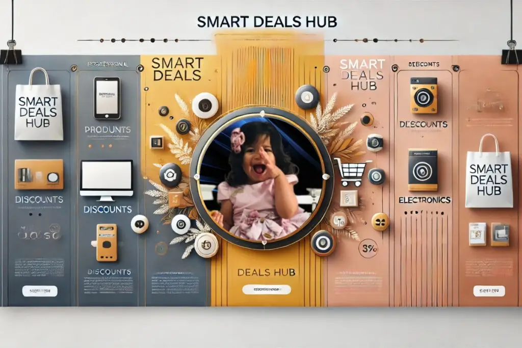 Banner showcasing exclusive deals and discounts from Smart Deals Hub with a grid of product icons like electronics, fashion, and home goods.